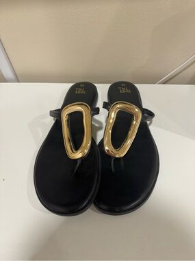 Time and Tru Black Thong Sandals with Gold Decorative Accent